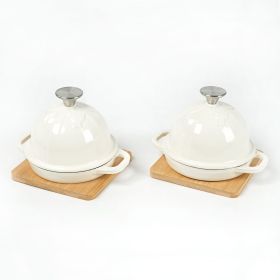 HAWOK Enameled Cast Iron Garlic Roaster with Bamboo Tray, 5-Inch, BBQ Grill Garlic Baker, Mini Cocotte, Set of 2, Oyster White