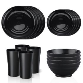 Black Dinnerware Set for 4, 16 Pack Plastic BPA-Free Dinner Plates, Salad Plates, Cereal Bowls, Cups, Unbreakable Plates and Bowls Sets